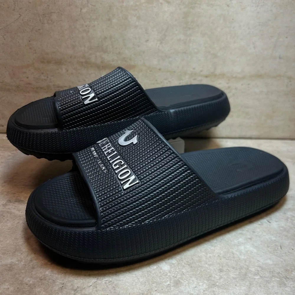 True Religion Womens Black Platform Slide Sandals Silver Logo Horseshoe Size 6